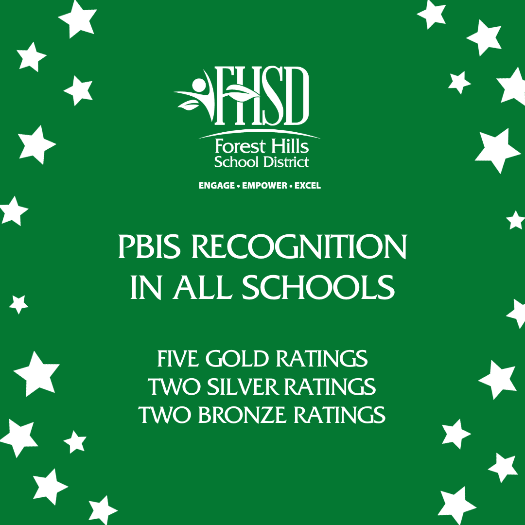 Graphic with FHSD logo that says, "PBIS Recognition in all schools - five gold ratings, two silver ratings, two bronze ratings."
